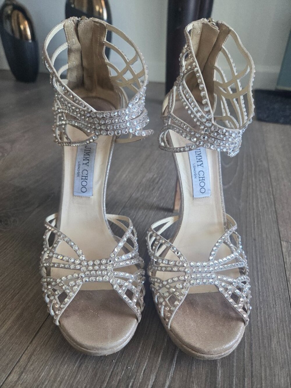 Jimmy Choo Shimmer Suede and Rhinestone High-Heeled Sandals SZ 39.5